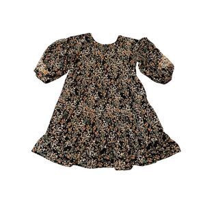 Solitaire Boho Embroidered Black Tiered Puff Sleeve Short Floral Dress Size M